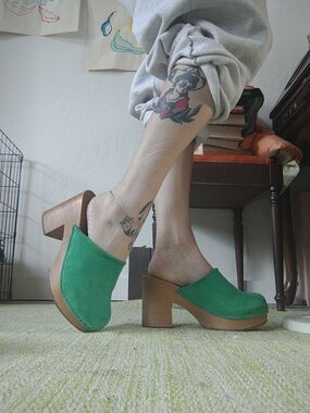 Charlotte Stone Green Suede Platform Clogs with Wooden Block Heel